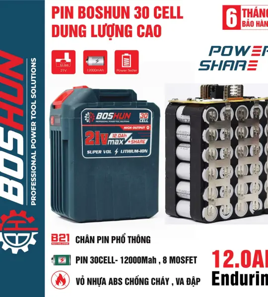 PIN BOSHUN BS-CB3012 21V 12AH 30 CELL – MẠCH 8 MOSFET, DUNG LƯỢNG CAO