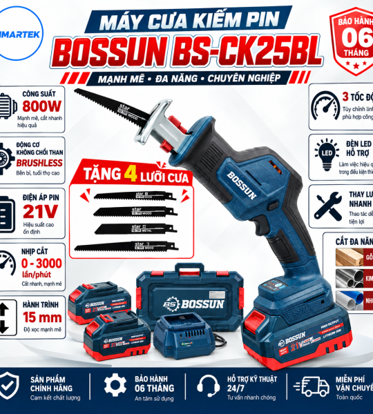 MÁY CƯA KIẾM BOSSUN BS-CK25BL – CƯA KIẾM PIN 21V BRUSHLESS, CẮT ĐA NĂNG GỖ – SẮT – NHỰA