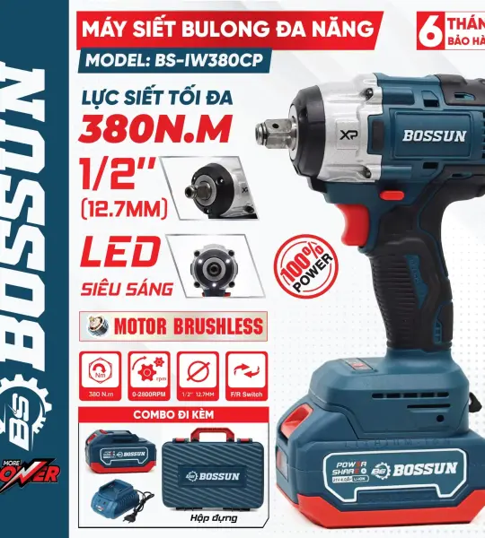 Máy Siết Bulong Bossun BS-IW380CP 380Nm – Pin 21V, Động Cơ Không Chổi Than