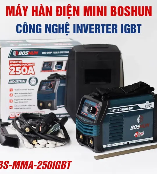 MÁY HÀN ĐIỆN MINI BOSSUN BS-M250IGBT 250A – CÔNG NGHỆ INVERTER IGBT, HÀN QUE 1.6–3.2MM
