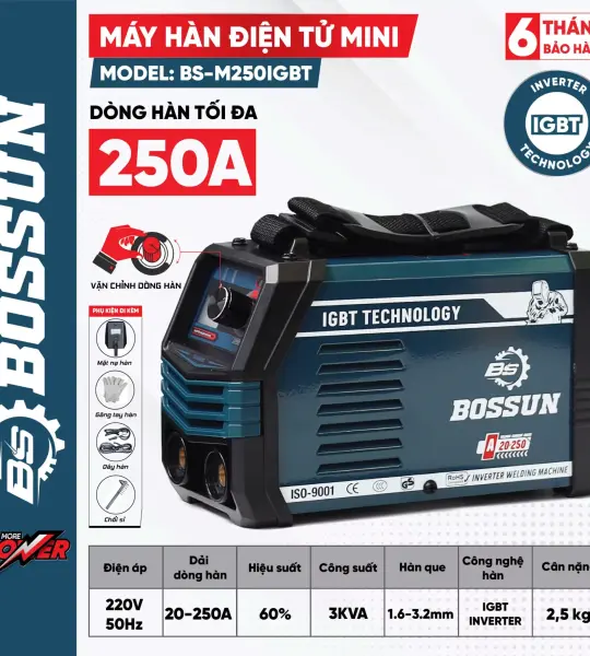 MÁY HÀN ĐIỆN MINI BOSSUN BS-M250IGBT 250A – CÔNG NGHỆ INVERTER IGBT, HÀN QUE 1.6–3.2MM