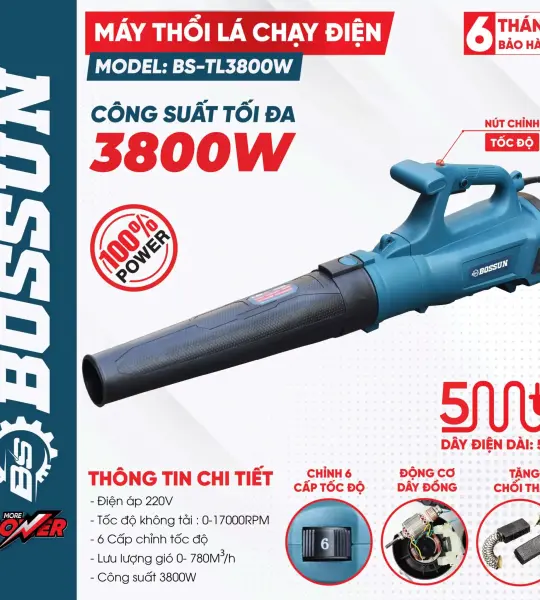 MÁY THỔI LÁ ĐIỆN BOSSUN BS-TL3800W – CÔNG SUẤT 3800W, 6 CẤP TỐC ĐỘ, DÂY ĐIỆN 5M