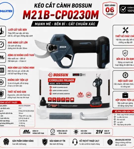KÉO CẮT CÀNH BOSSUN M21B-CP0230M 21V – Brushless, lưỡi SK5, cắt cành tới 30mm