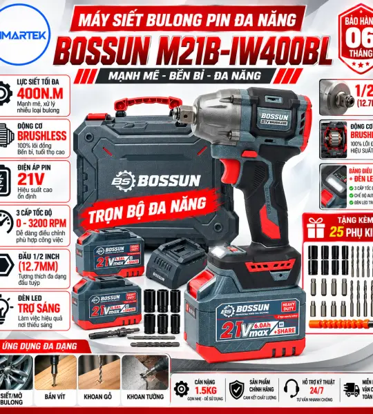 Máy Siết Bulong BOSSUN M21B-IW400BL 400Nm, Pin 21V