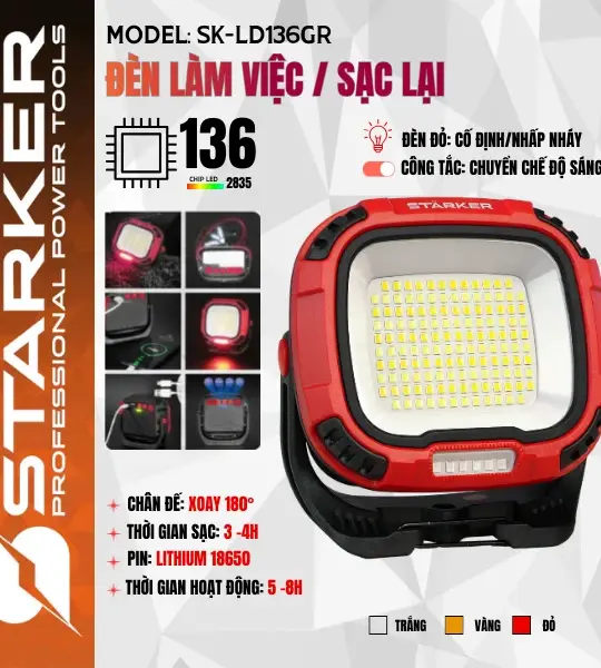 Đèn LED STARKER SK-LD136GR – 136 LED, Pin Lithium 5400mAh, Chân Xoay 180°