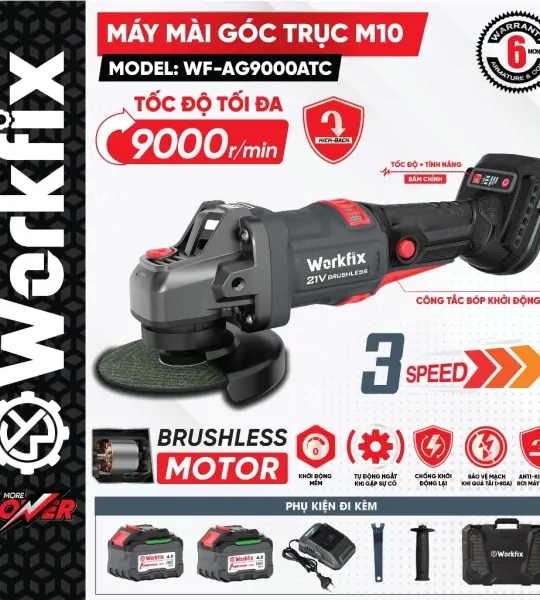 Máy Mài Góc WORKFIX WF-AG9000ATC 21V – Brushless, 3 tốc độ, Anti-Kickback