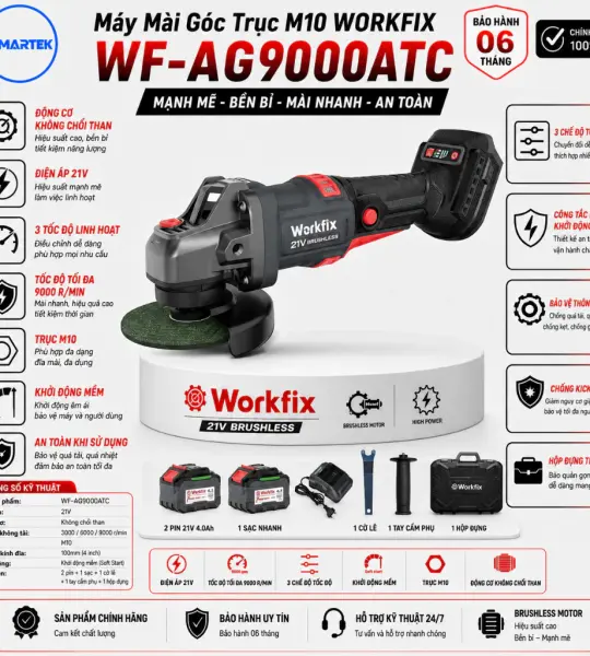 Máy Mài Góc WORKFIX WF-AG9000ATC 21V – Brushless, 3 tốc độ, Anti-Kickback