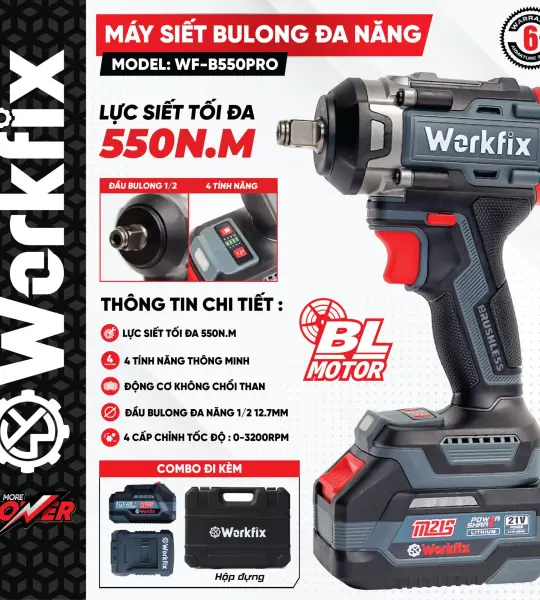 Máy Siết Bulong WORKFIX WF-B550PRO 21V – Brushless, lực siết 550Nm, 4 tốc độ
