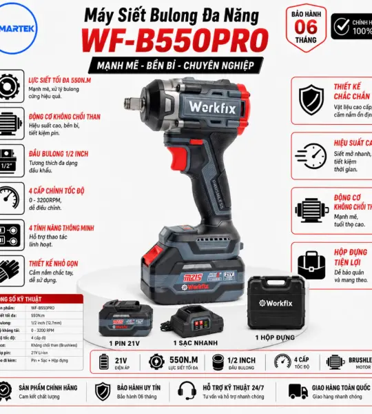 Máy Siết Bulong WORKFIX WF-B550PRO 21V – Brushless, lực siết 550Nm, 4 tốc độ