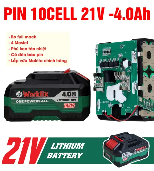 PIN LITHIUM WORKFIX WF-BK4000 21V 4.0AH 10 CELL – FULL MẠCH 4 MOSFET