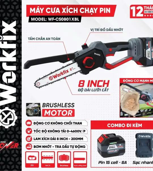 MÁY CƯA XÍCH PIN 8 INCH WORKFIX WF-CS0801XBL – KHÔNG CHỔI THAN, TRA NHỚT TỰ ĐỘNG