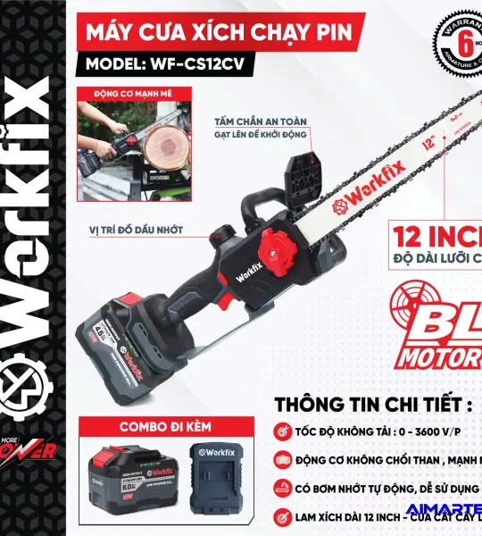 Máy Cưa Xích WORKFIX WF-CS12CV – 21V, Brushless, Lam Xích 12 Inch, Tra Nhớt Tự Động