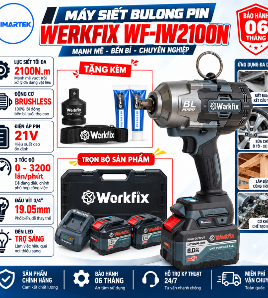 MÁY SIẾT BULONG WORKFIX WF-IW2100BL – LỰC SIẾT 2100N.M, ĐẦU 3/4", ĐỘNG CƠ BRUSHLESS 21V