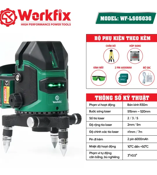 MÁY CÂN BẰNG LASER WORKFIX WF-LS0503G 5 TIA XANH – 2 PIN 6000MAH, XOAY 360°
