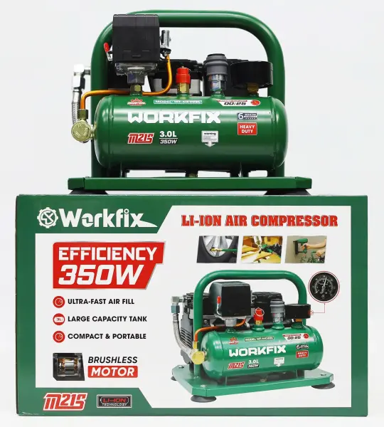 MÁY NÉN KHÍ CHẠY PIN WORKFIX WF-NK30BL 21V – BÌNH 3L, 350W, ÁP SUẤT 8 BAR