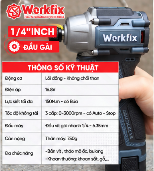 MÁY CHUYÊN VÍT WORKFIX WF-SD150PRO – LỰC SIẾT 150NM, BRUSHLESS, 3 CẤP TỐC ĐỘ