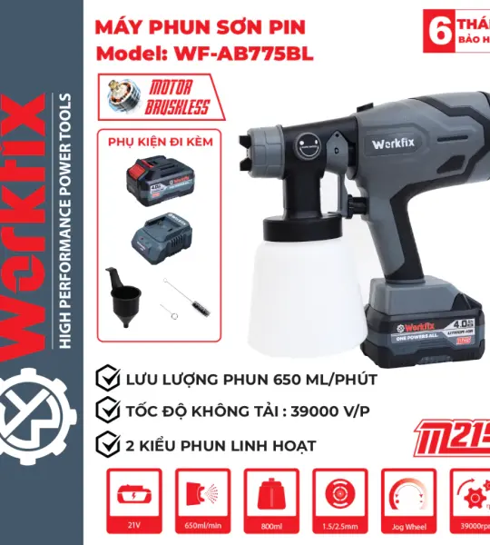MÁY PHUN SƠN PIN WORKFIX WF-SPS800X – BÌNH 800ML, 2 KIỂU PHUN, ĐỘNG CƠ BRUSHLESS