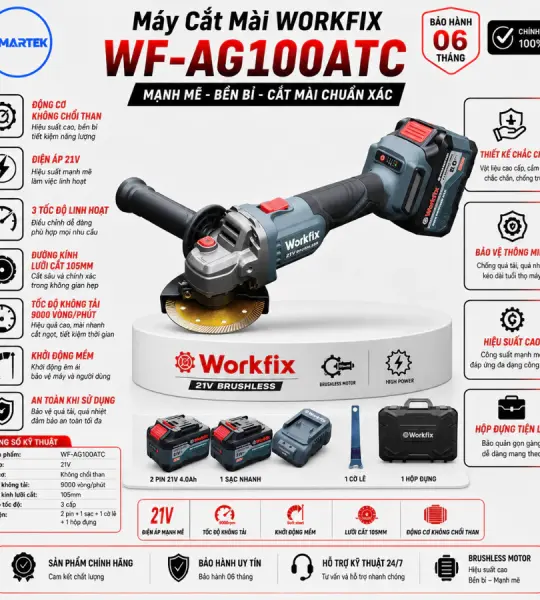 Máy mài góc pin WORKFIX WF-AG100ATC 21V – Brushless, 3 tốc độ, Anti-Kickback