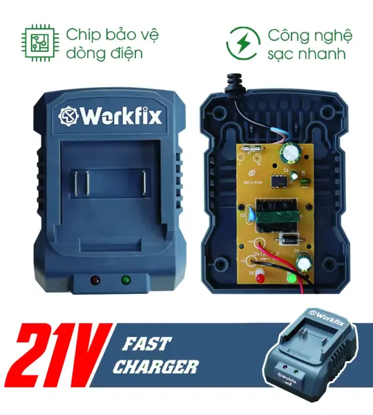 BÀN SẠC 2A WORKFIX WF-FC20A 21V – SẠC NHANH, CHIP BẢO VỆ DÒNG ĐIỆN
