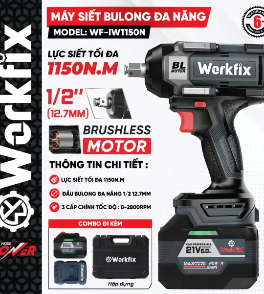 Máy Siết Bulong WORKFIX WF-IW1150N 21V 1150Nm Brushless