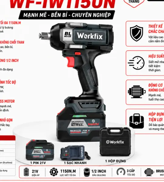 Máy Siết Bulong WORKFIX WF-IW1150N 21V 1150Nm Brushless