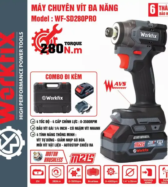 Máy Chuyên Vít WORKFIX WF-SD280PRO – 280Nm, Không Chổi Than, 4 Cấp Tốc Độ