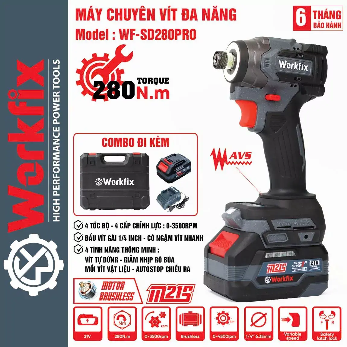 Máy chuyên vít WORKFIX WF-SD280PRO 21V lực siết 280Nm do AIMARTEK cung cấp